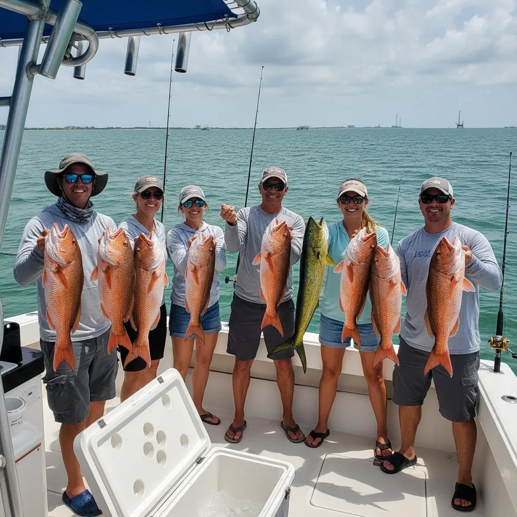 Happy group of anglers on a Catch of the Day charter holding up their catch of the day
