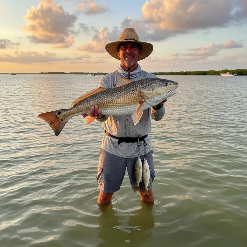 Proud angler holding a large redfish caught in Galveston Bay on an inshore charter