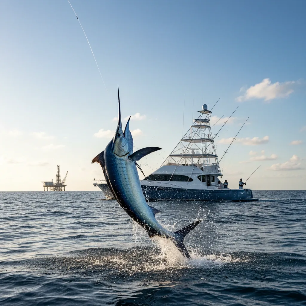 Atlantic Blue Marlin leaping dramatically from Gulf of Mexico water during a fight