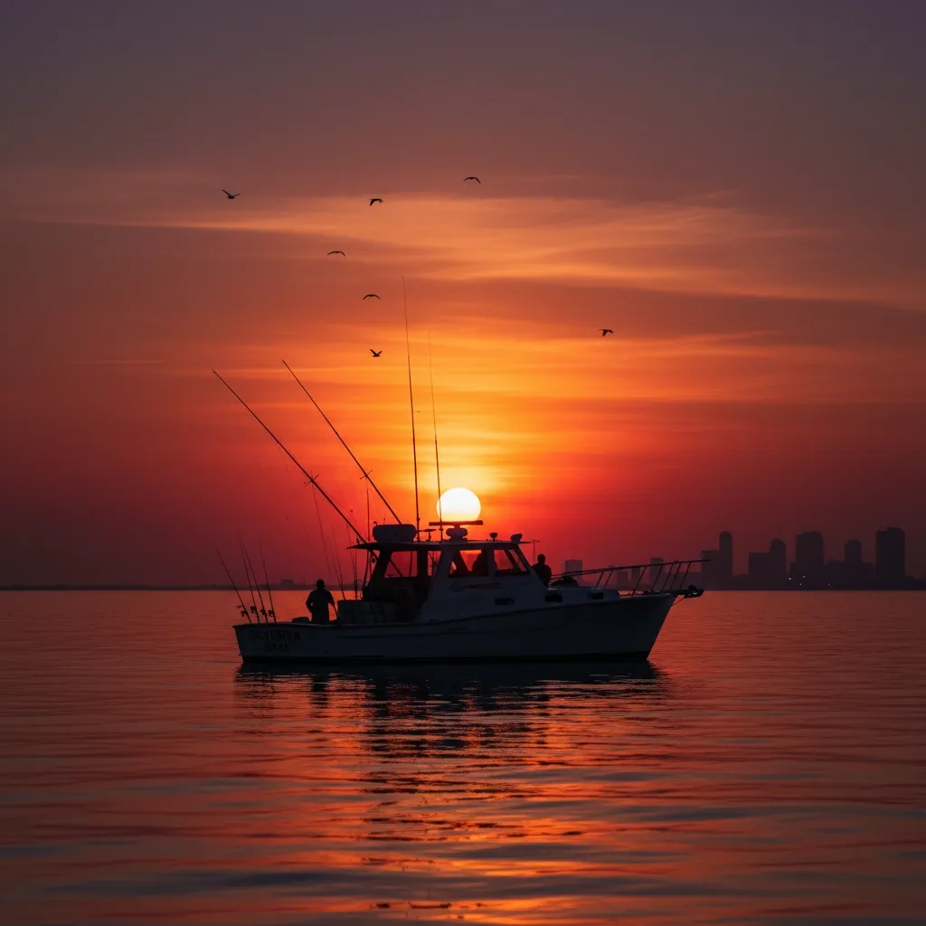 Catch of the Day charter boat silhouetted against a stunning Gulf Coast sunset