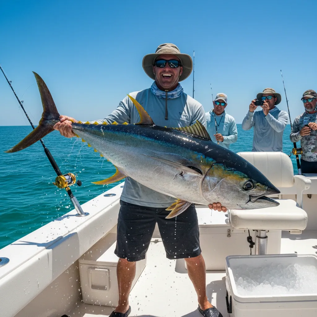 Angler holding a large yellowfin tuna caught offshore in the Gulf of Mexico