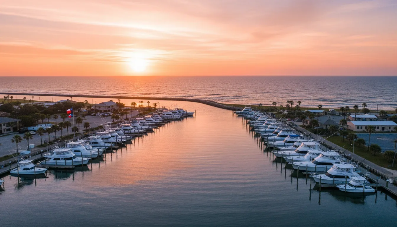 Galveston marina with fishing charter boats docked at the Gulf Coast pier